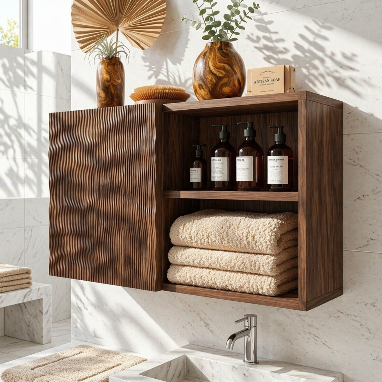 Floating Bathroom Cabinet, Modern Ribbed Wall Mounted Vanity Storage Shelf Organizer