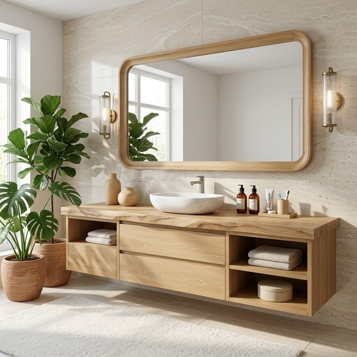 Elegant Floating Vanity with Natural Wood Finish, Wall-Mounted Modern Bathroom Storage Kitchnce