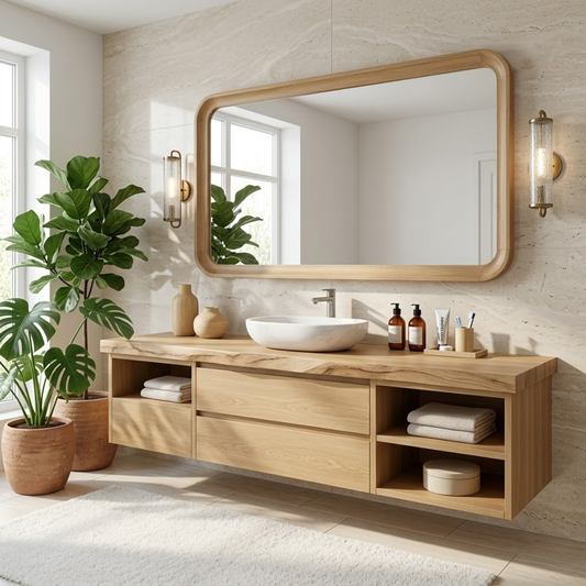 Elegant Floating Vanity with Natural Wood Finish, Wall-Mounted Modern Bathroom Storage Kitchnce
