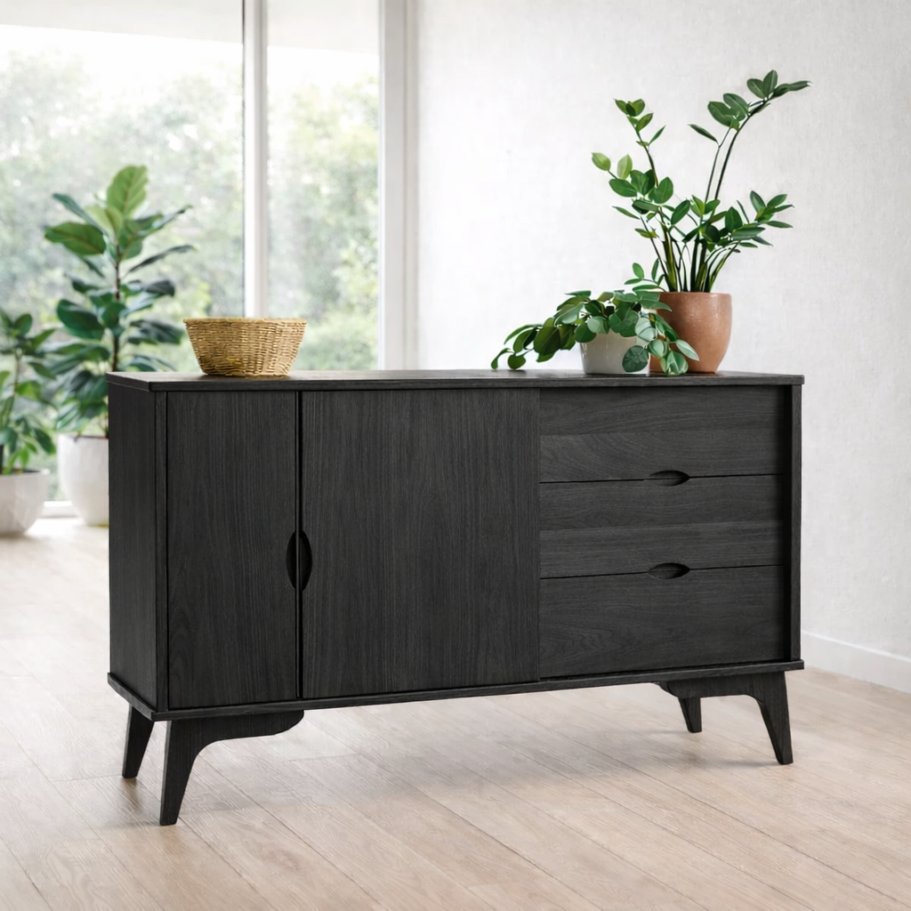 Mid Century Sideboard Cabinet with Drawers and Sliding Doors – Storage Console