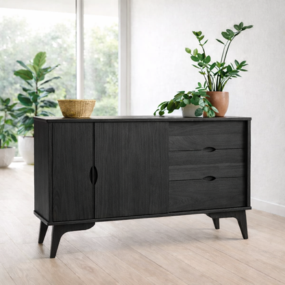 Mid Century Sideboard Cabinet with Drawers and Sliding Doors – Storage Console