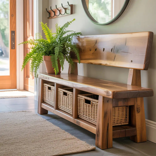 Handcrafted Solid Wood Bench – Rustic Maple Entryway Bench with Backrest and Wicker Storage Baskets Kitchnce