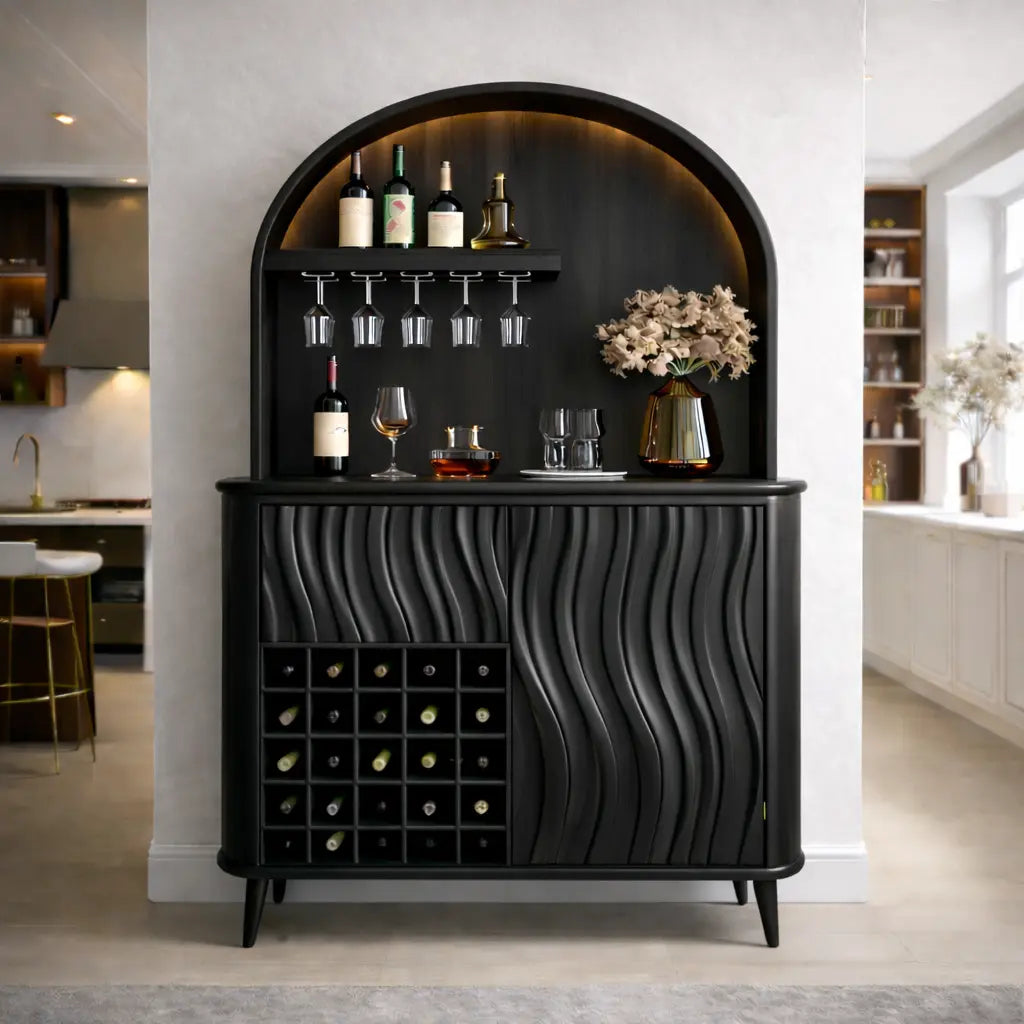 Solid Wood Bar Cabinet with Arched Display, Wine Rack & Wave Panel Doors Kitchnce