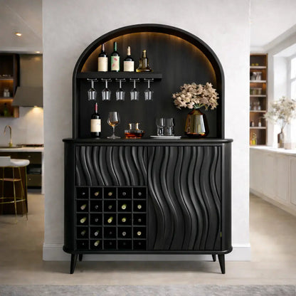 Solid Wood Bar Cabinet with Arched Display, Wine Rack & Wave Panel Doors Kitchnce