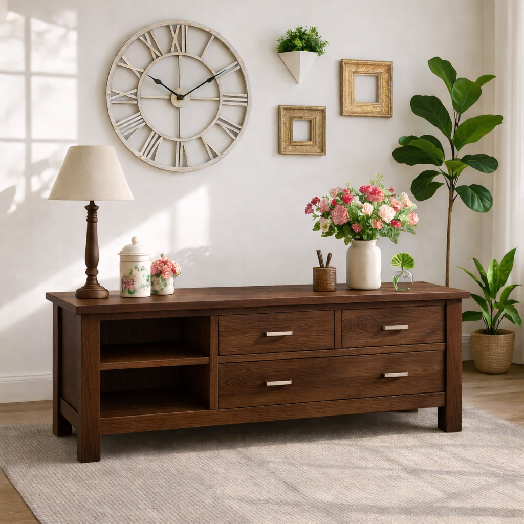 Solid Wood Console Table with Drawers, Farmhouse Wood Media Cabinet with Storage Kitchnce