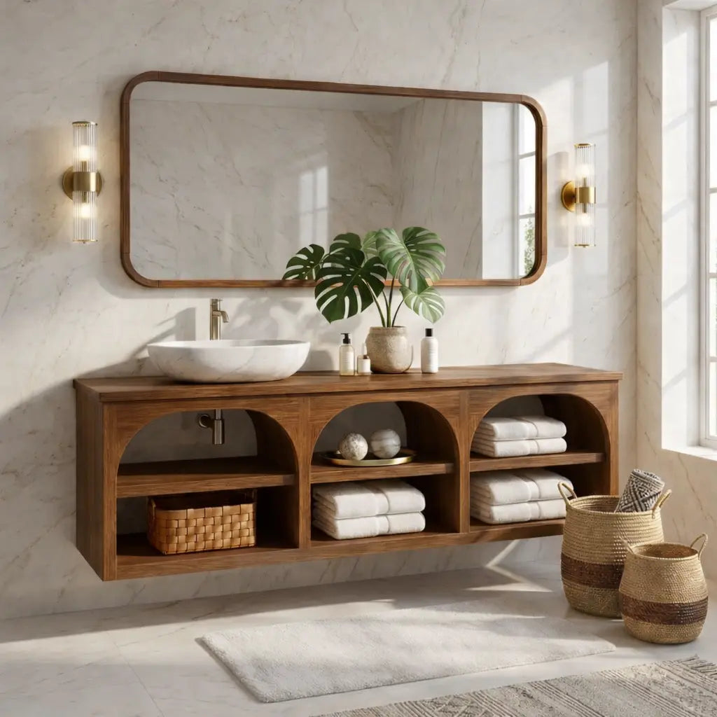 Floating Vanity with Natural Wood and Marble Sink, Open Shelf Storage Kitchnce