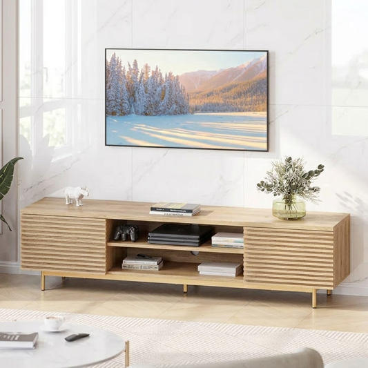Modern Solid Wood TV Stand with Slatted Panels Open Shelf Media Console Storage