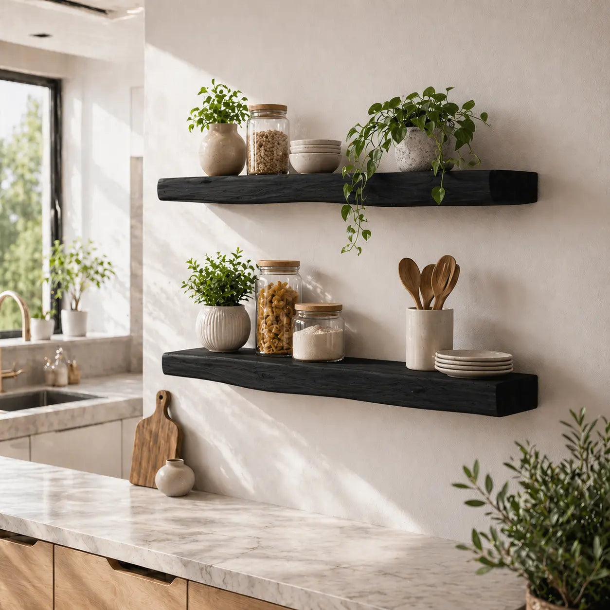 Solid Wood Floating Wall Shelf Rustic Live Edge Kitchen Wall Mounted Shelf Kitchnce