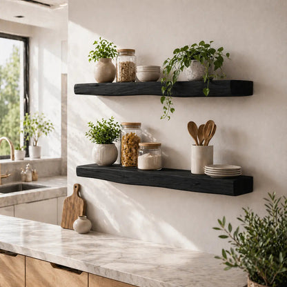Solid Wood Floating Wall Shelf Rustic Live Edge Kitchen Wall Mounted Shelf Kitchnce