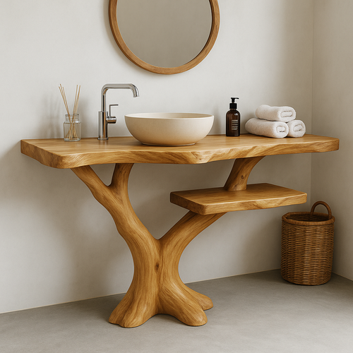 Handcrafted Solid Wood Bathroom Vanity – Natural Tree Form Design with Floating Shelf Kitchnce