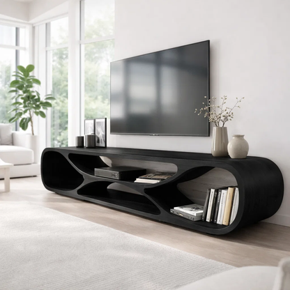 Solid Wood Media Console with Sculptural Curved Design, Modern TV Stand