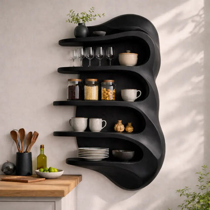 Solid Wood Curved Kitchen Cabinet Shelf – Floating Organic Wall Storage Display Kitchnce