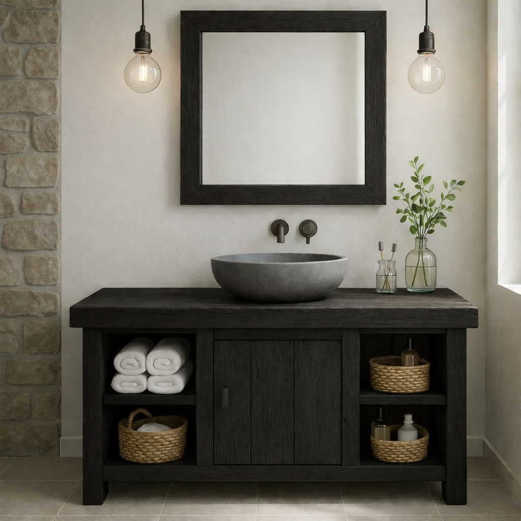 Rustic Wooden Bathroom Vanity with Vessel Sink and Storage Compartments Kitchnce