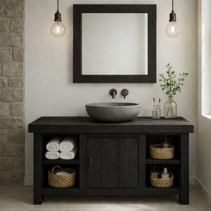 Rustic Wooden Bathroom Vanity with Vessel Sink and Storage Compartments Kitchnce