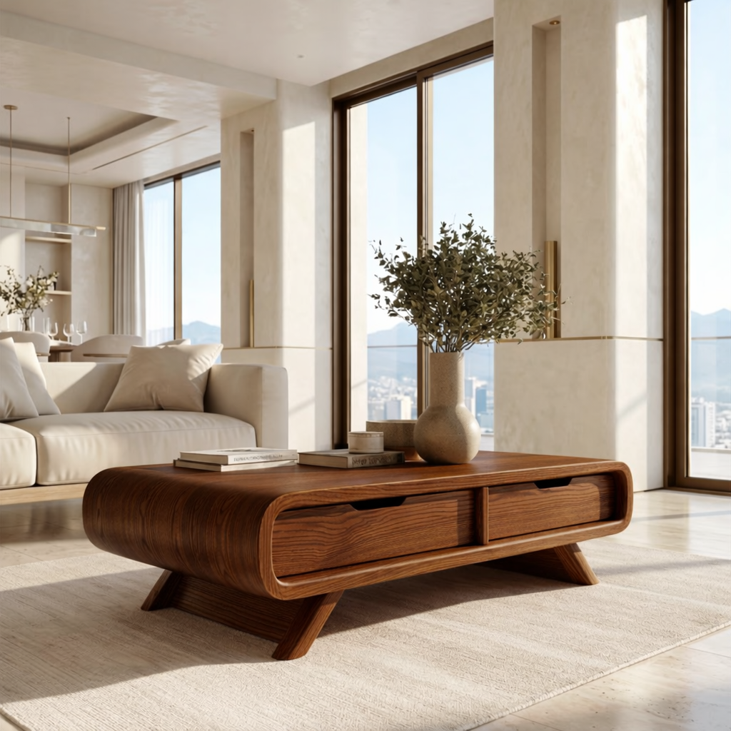 Modern Storage Coffee Table with Drawers, Minimalist Rounded Living Room Centerpiece