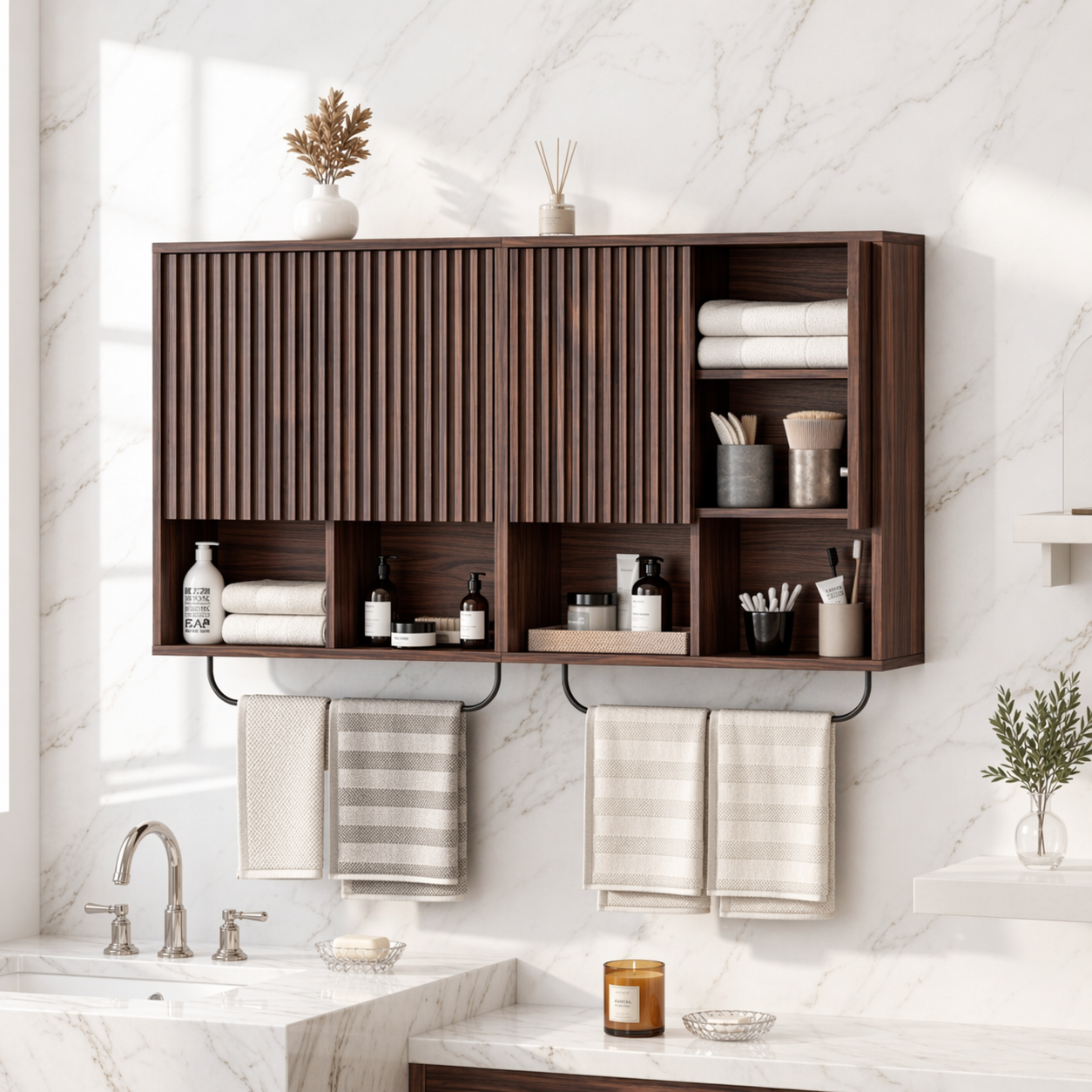 Floating Bathroom Cabinet, Modern Slatted Wall Mounted Vanity Storage Towel Bars