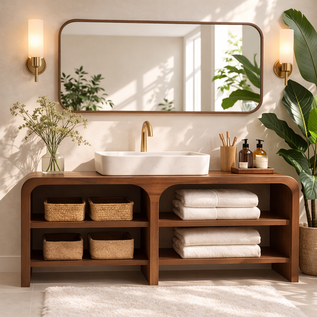 Modern Wooden Bathroom Vanity with Open Shelving Kitchnce