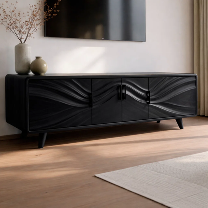 Solid Wood Wave Front TV Cabinet with Doors – Modern Low Media Console Storage