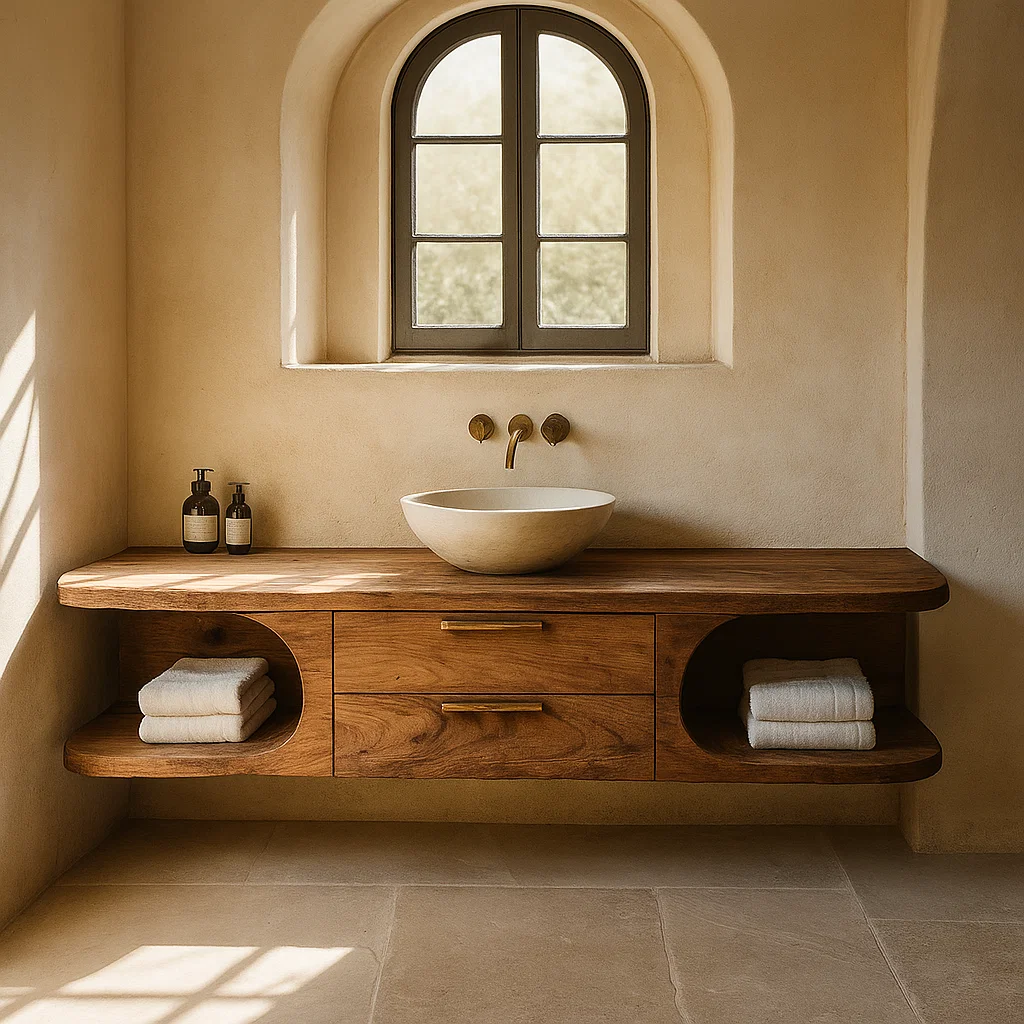 Handcrafted Solid Wood Floating Vanity - Organic Console with Curved Edges and Storage Nooks Kitchnce