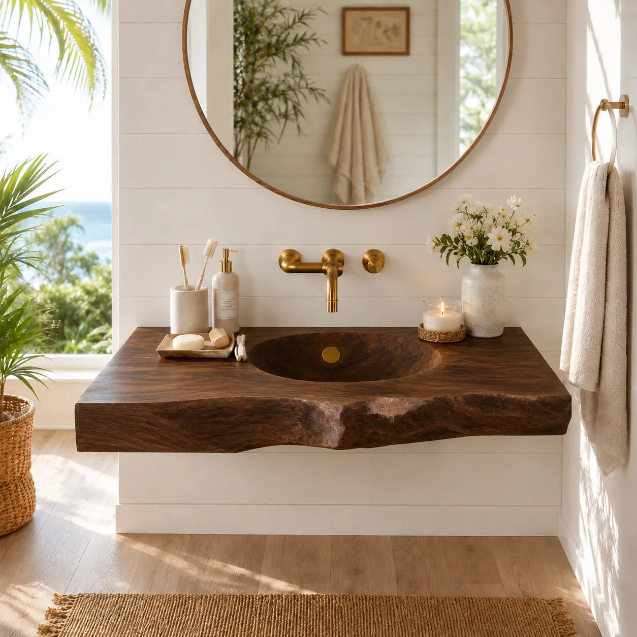 Live Edge Wood Sink Vanity | Solid Wood Floating Vanity with Carved Sink Kitchnce