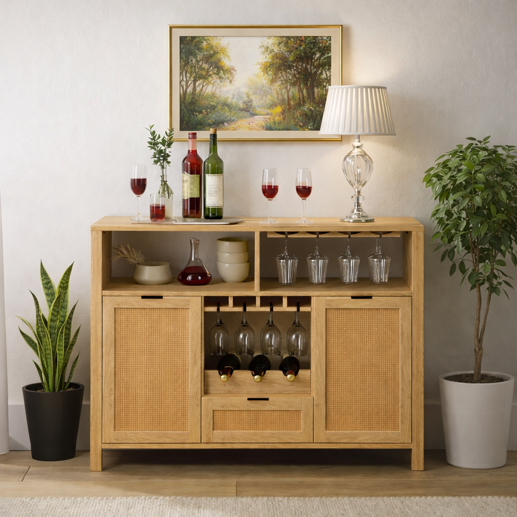 Solid Wood Wine Cabinet with Rattan Doors and Glass Rack Storage