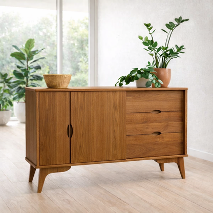 Mid Century Sideboard Cabinet with Drawers and Sliding Doors – Storage Console