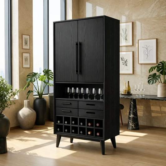 Modern Wine Cabinet with Bottle Rack, Drawers and Tall Concealed Bar Storage