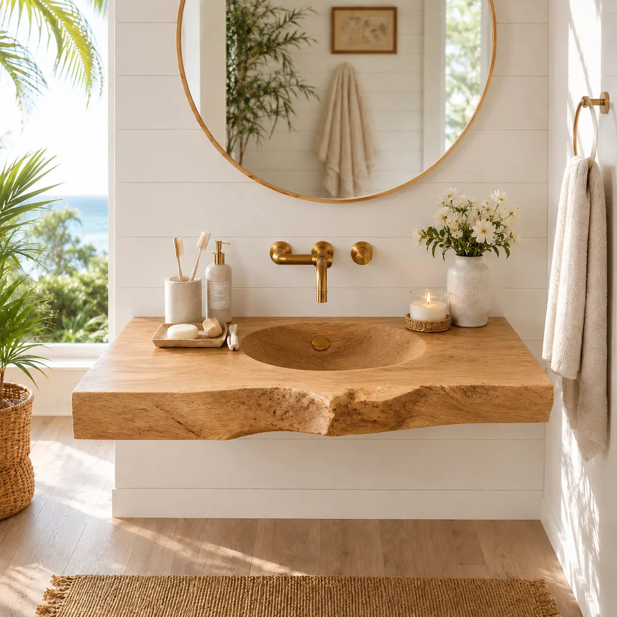 Live Edge Wood Sink Vanity | Solid Wood Floating Vanity with Carved Sink Kitchnce