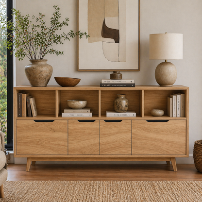 Mid Century Solid Wood Sideboard Cabinet with Drawers & Open Shelf Storage
