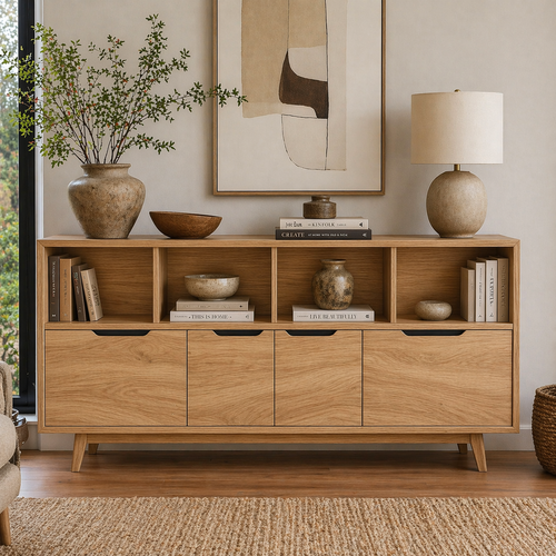 Mid Century Solid Wood Sideboard Cabinet with Drawers & Open Shelf Storage