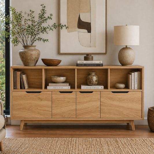 Mid Century Solid Wood Sideboard Cabinet with Drawers & Open Shelf Storage