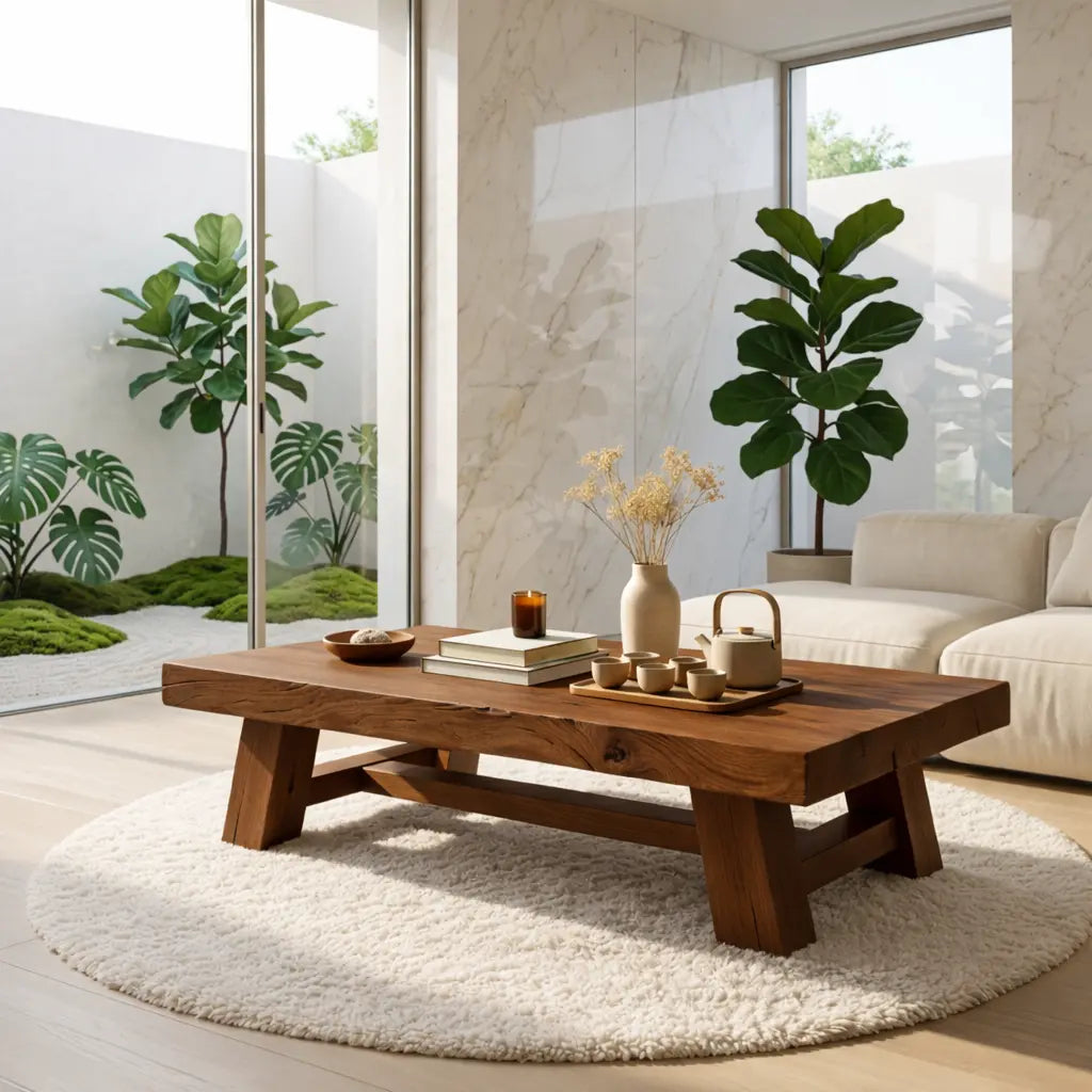 Handcrafted Solid Wood Coffee Table, Rustic Style with Geometric Legs Kitchnce