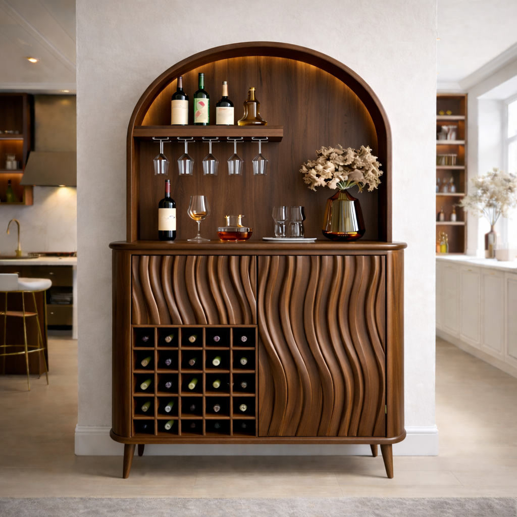 Solid Wood Bar Cabinet with Arched Display, Wine Rack & Wave Panel Doors