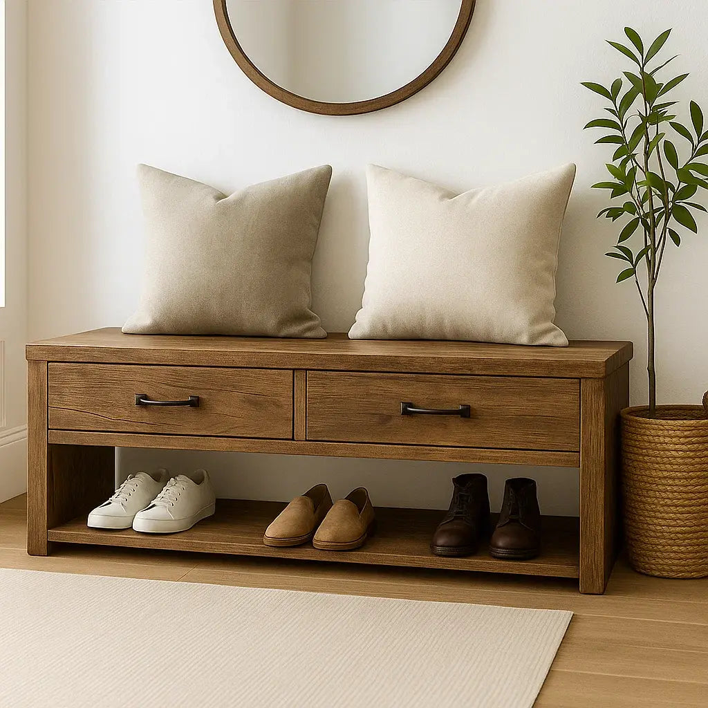 Handcrafted Solid Wood Bench – Rustic Walnut Entryway Shoe Bench with Drawers and Storage Shelf Kitchnce