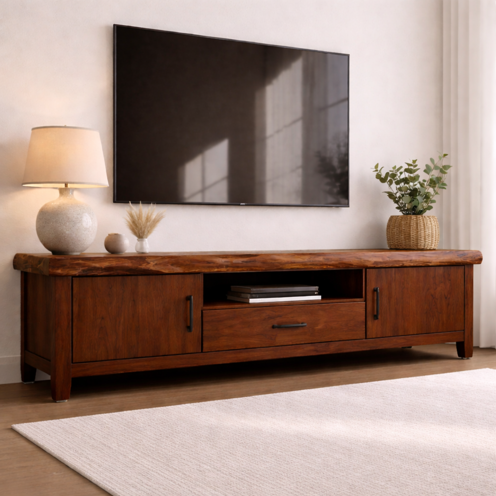 Solid Wood TV Console with Live Edge Top and Storage Cabinets