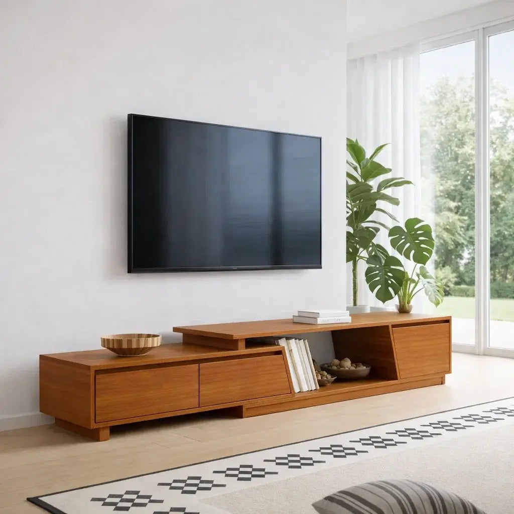Solid Wood TV Cabinet Low Profile – Modern Walnut Media Console Kitchnce