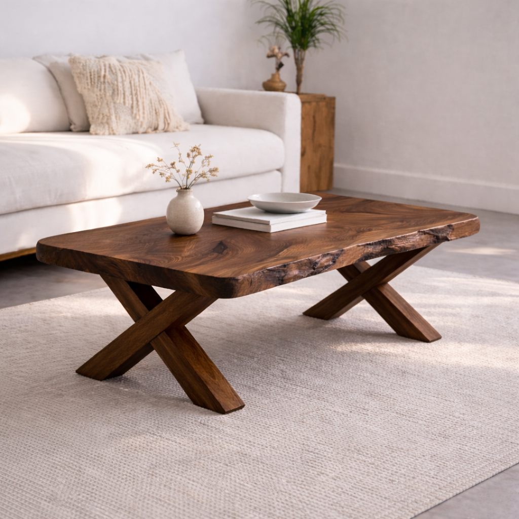 Live Edge Solid Wood Coffee Table with X-Frame Legs – Rustic Modern Living Room Table Kitchnce