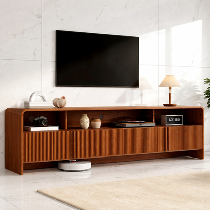 Modern Solid Wood TV Stand with Open Shelf Fluted Doors Low Profile Media Console