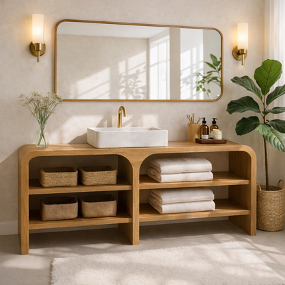 Modern Wooden Bathroom Vanity with Open Shelving Kitchnce