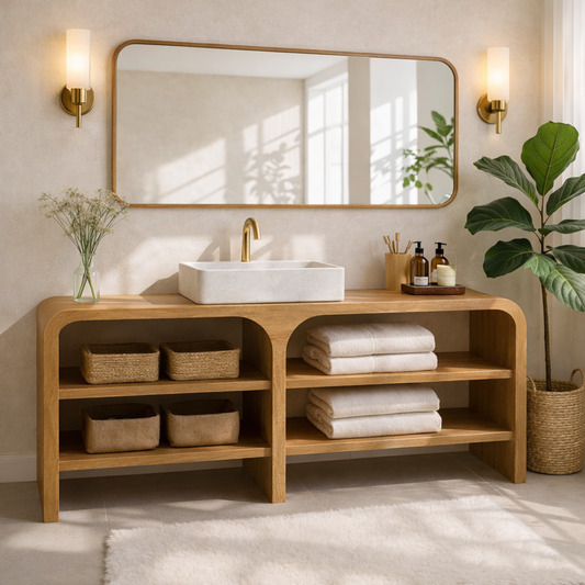 Modern Wooden Bathroom Vanity with Open Shelving Kitchnce