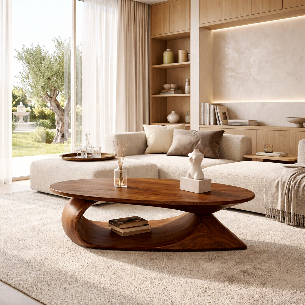 Elegant Wooden Coffee Table with Curved Modern Design