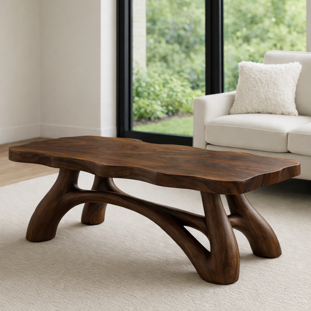 Solid Wood Coffee Table with Sculptural Curved Legs – Modern Living Room Table Kitchnce