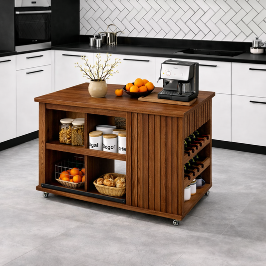 Rolling Kitchen Island with Storage Shelves, Modern Kitchen Cart, Portable Prep Table with Wine Rack