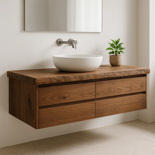 Handcrafted Solid Wood Floating Vanity - Live Edge Walnut Console with Max Storage 4-Drawer Kitchnce