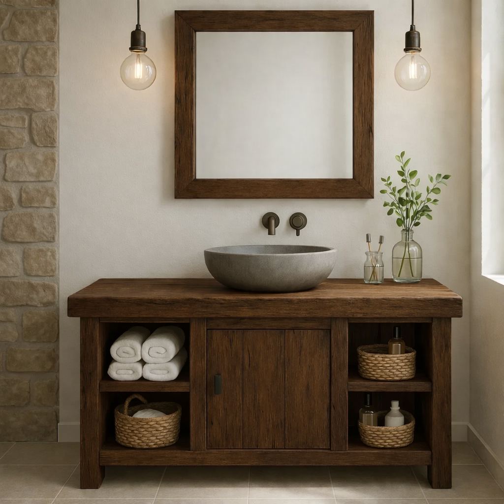 Rustic Wooden Bathroom Vanity with Vessel Sink and Storage Compartments Kitchnce