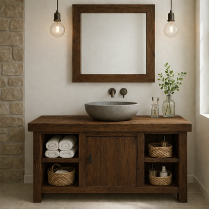 Rustic Wooden Bathroom Vanity with Vessel Sink and Storage Compartments Kitchnce