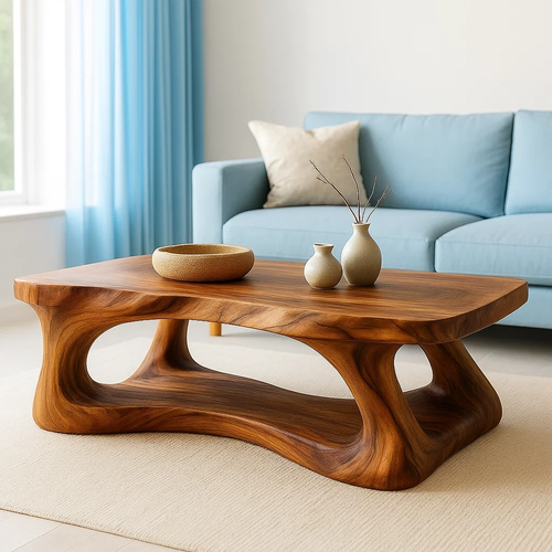 Solid Wood Coffee Table Modern Sculptural Base Natural Live Edge Design