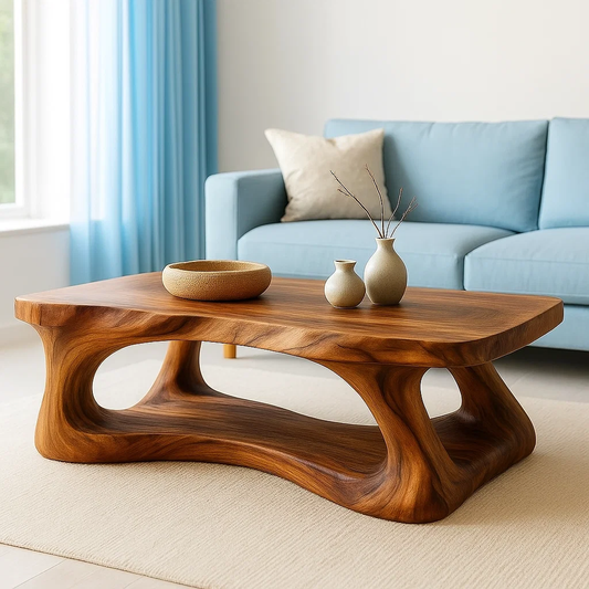 Solid Wood Coffee Table Modern Sculptural Base Natural Live Edge Design