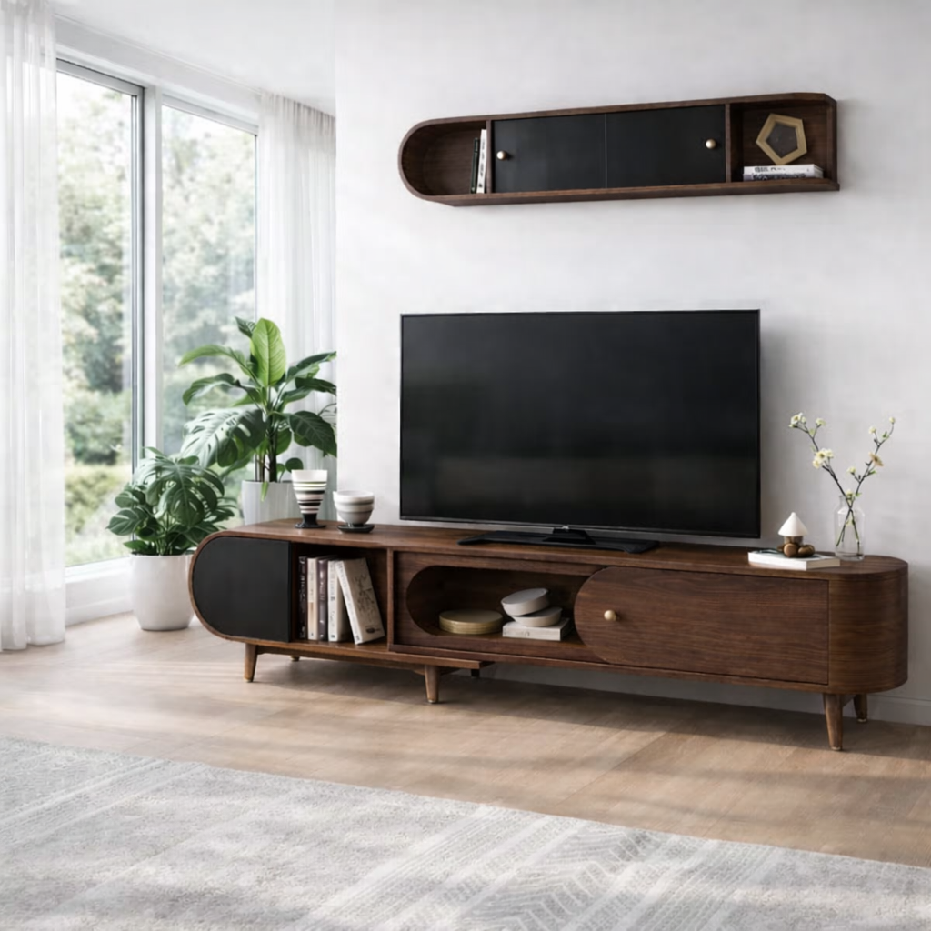 Mid Century Solid Wood TV Console with Cabinets & Open Shelf Storage
