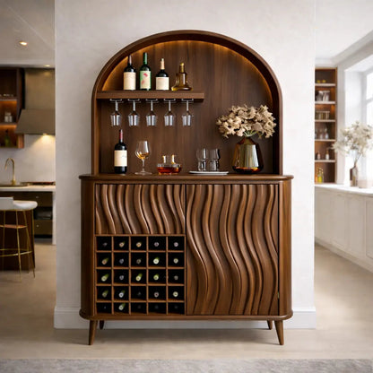 Solid Wood Bar Cabinet with Arched Display, Wine Rack & Wave Panel Doors Kitchnce